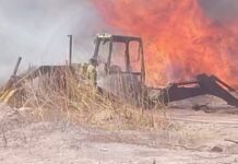 Maquinaria pesada es consumida por el fuego en Meoqui; no se reportan lesionados