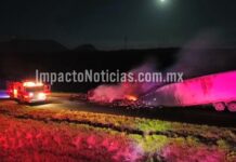 Tráiler cargado con sandías se incendia en carretera Camargo–Delicias