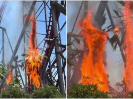 Captan inicio de incendio bajo montaña rusa en parque Six Flags de Los Ángeles