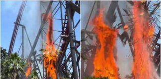 Captan inicio de incendio bajo montaña rusa en parque Six Flags de Los Ángeles