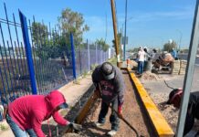 Gobierno de Meoqui construye banquetas perimetrales en el CBTA 147 para mejorar la seguridad de estudiantes