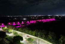 Iluminan de rosa el puente del Ferrocarril de Meoqui por lucha contra el cáncer de mama